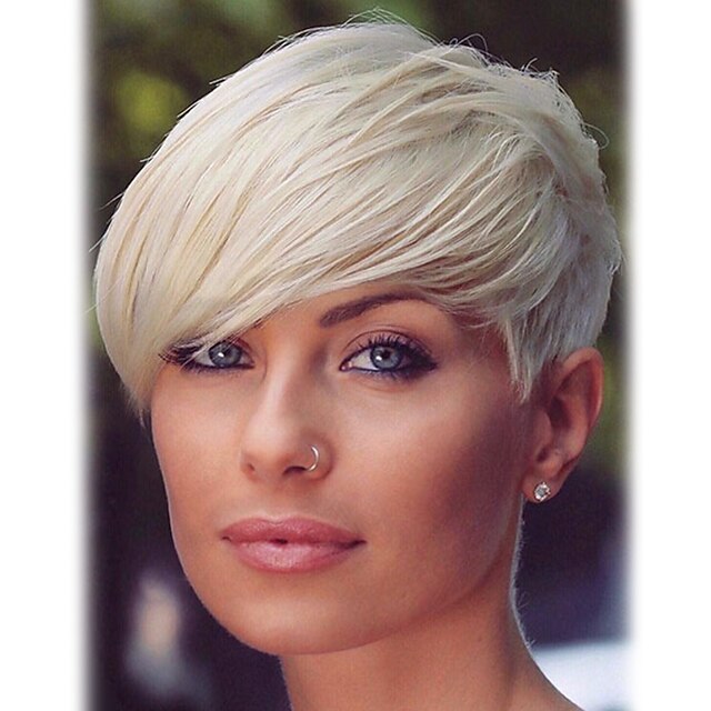  Human Hair Blend Wig Short Straight Natural Straight Bob Pixie Cut Layered Haircut Asymmetrical Blonde Life Easy dressing Comfortable Capless Women's All Palest Blonde 8 inch / Natural Hairline
