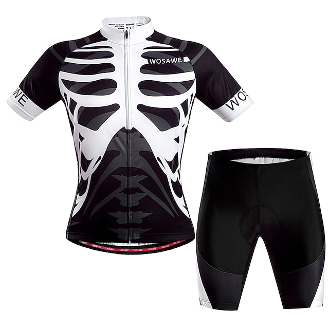  WOSAWE Men's Women's Cycling Jersey with Shorts Short Sleeve Mountain Bike MTB Road Bike Cycling Black White Skeleton Bike Clothing Suit Breathable Quick Dry Back Pocket Sweat wicking Polyester Sports