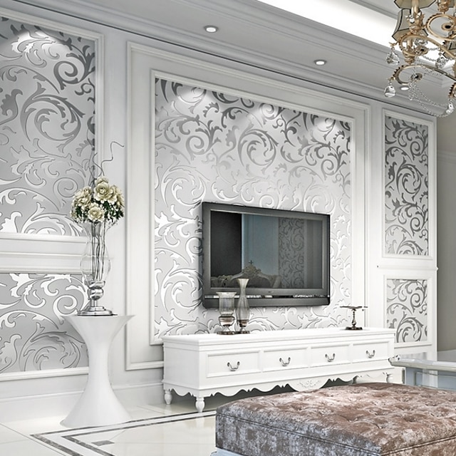  Wallpaper Wall Covering Sticker Film Silver Floral Flocking Adhesive Required Non Woven Home Décor 1000*53 cm