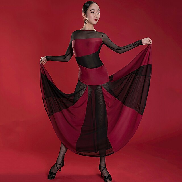  Latin Dance Dresses Women's Performance Spandex / Mesh Ruching / Split Joint Long Sleeve Dress
