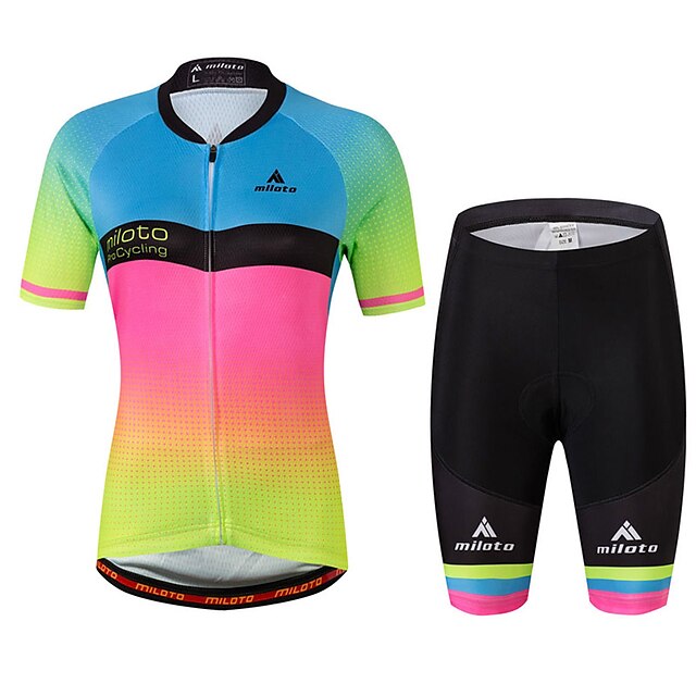  Miloto Damen Kurzarm Fahrradtriktot mit Fahrradhosen - Regenbogen Übergrössen Fahhrad Trikot / Radtrikot, Reflexstreiffen, Schweißableitend Elasthan Gradient / Dehnbar