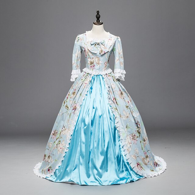 Πριγκίπισσα Μαρία Αντωνιέτα Floral στυλ Ροκοκό Βικτοριανό Αναγέννησης φόρεμα διακοπών Φορέματα Κοστούμι πάρτι Χορός μεταμφιεσμένων Φόρεμα χορού Γυναικεία Δαντέλα Στολές Μπλε Πεπαλαιωμένο Μεταμφίεση