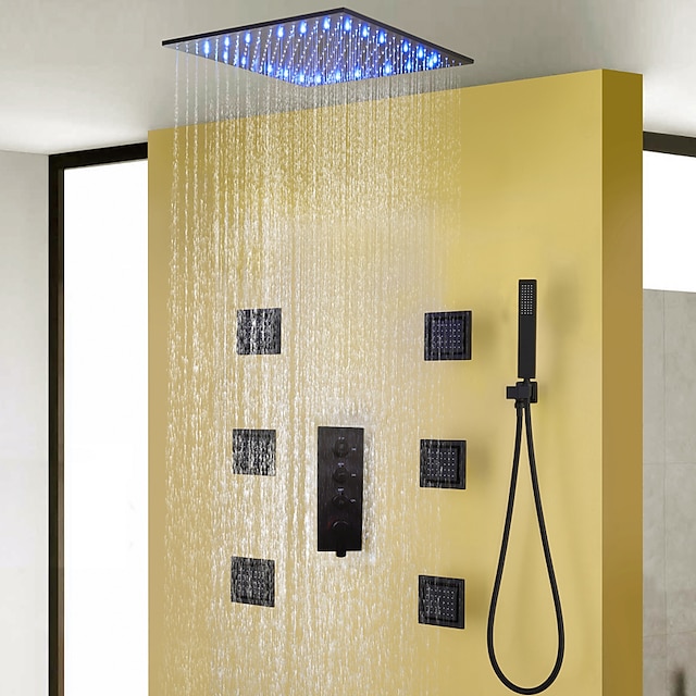  Grifo de ducha, juego de grifo de ducha de baño negro contemporáneo/cabezal de ducha LED de lluvia de baño de 16 pulgadas/válvula mezcladora fría y caliente/ducha de mano de latón incluida