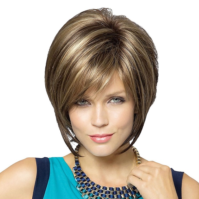  Human Hair Blend Wig Short Natural Straight Bob Short Hairstyles 2020 Brown Fashionable Design New Design Natural Hairline Capless Women's Brown 10 inch