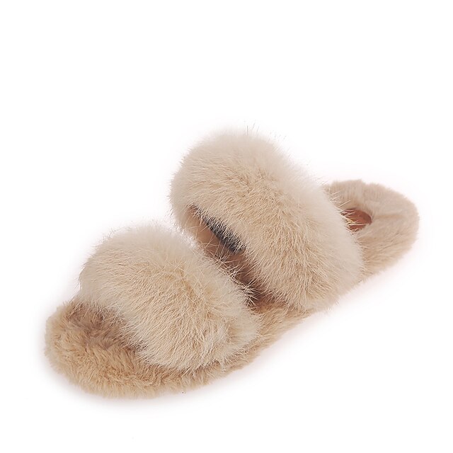  Women's Slippers & Flip-Flops Daily Flat Heel Open Toe Walking Rabbit Fur Black Khaki Beige