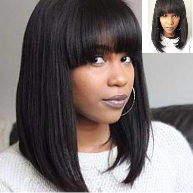  Human Hair Blend Wig Medium Length Straight Bob Short Hairstyles 2020 With Bangs Straight Machine Made Women's Natural Black #1B