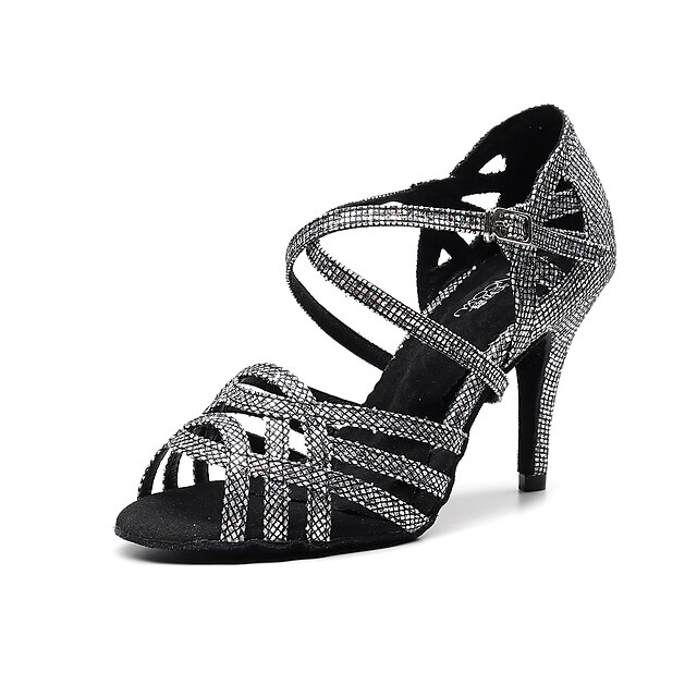 Women's Latin Dance Shoes Ballroom Dance Shoes Line Dance Performance Training Party Glitter Crystal Sequined Jeweled Heel Buckle Slim High Heel Cross Strap Silver Black Gold2
