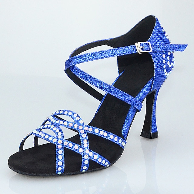  Women's Latin Shoes Party Training Performance Glitter Crystal Sequined Jeweled Heel Rhinestone Crystal / Rhinestone Flared Heel Cross Strap Blue