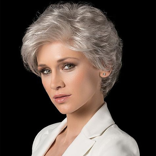  Human Hair Wig Full Machine Made Silver Wig Short Natural Wave Pixie Cut With Bangs For Women Brazilian Hair None Lace Wig Silver Capless Human Hair Wig For Old Women