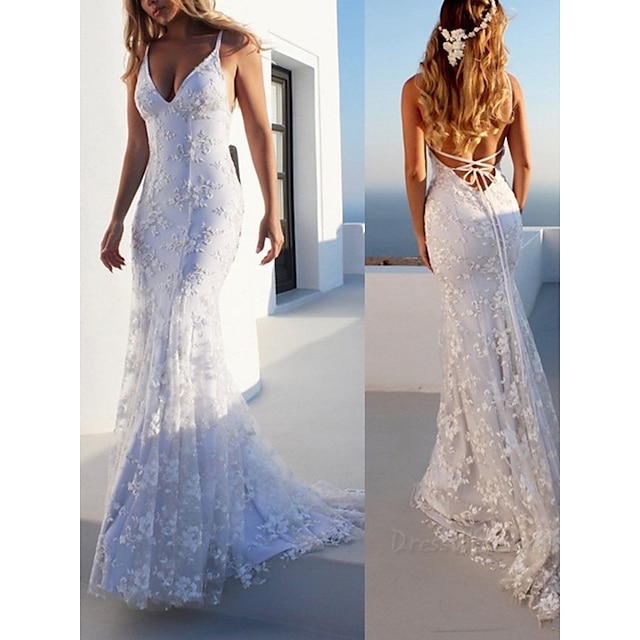  Beach Open Back Boho Wedding Dresses Mermaid / Trumpet Sweetheart Camisole Spaghetti Strap Sweep / Brush Train Lace Bridal Gowns With Appliques 2024