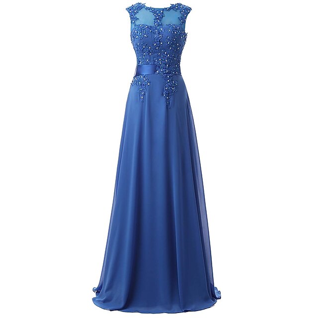  A-Line Elegant Formal Evening Dress Jewel Neck Sleeveless Floor Length Chiffon with Appliques 2020