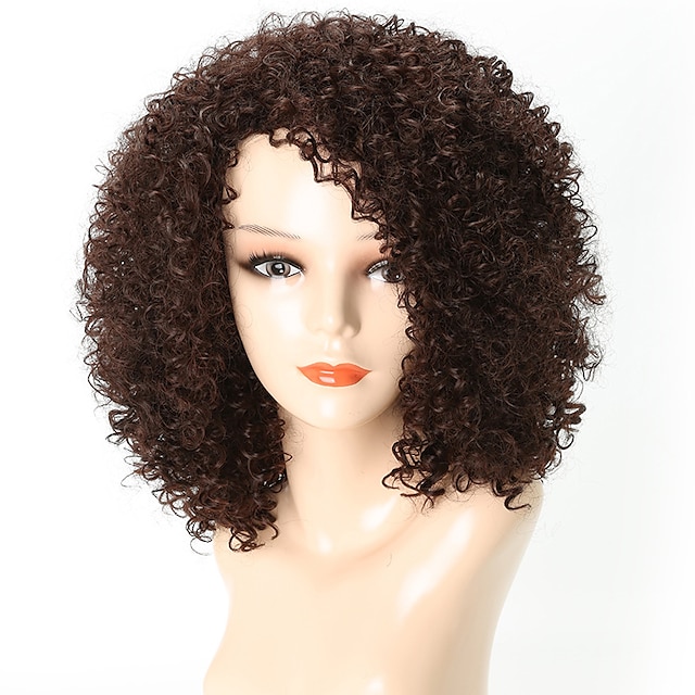  Συνθετικές Περούκες Afro Kinky Με αφέλειες Περούκα Κοντό Σκούρο Καστανοκόκκινο Συνθετικά μαλλιά 15 inch Γυναικεία Περούκα αφροαμερικανικό στυλ Για μαύρες γυναίκες Σκούρο Καφέ