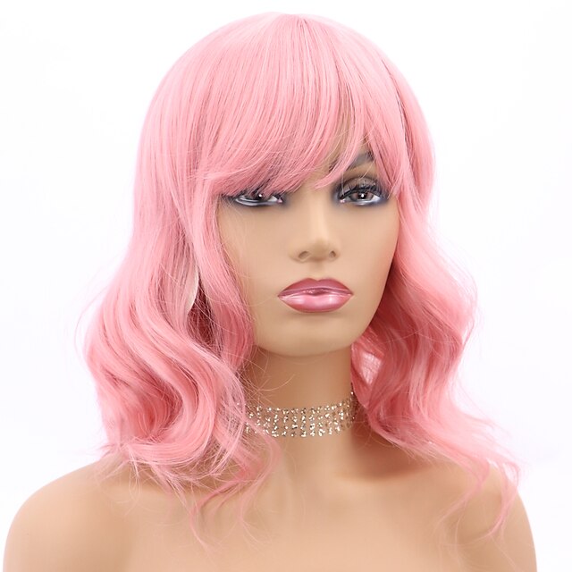  Pink Wig Technoblade Cosplay Synthetic Wig Wavy Body With Bangs Wig Short Light Blonde Dark Brown Lake Blue T-Green Synthetic Hair 18 inch Women's wig
