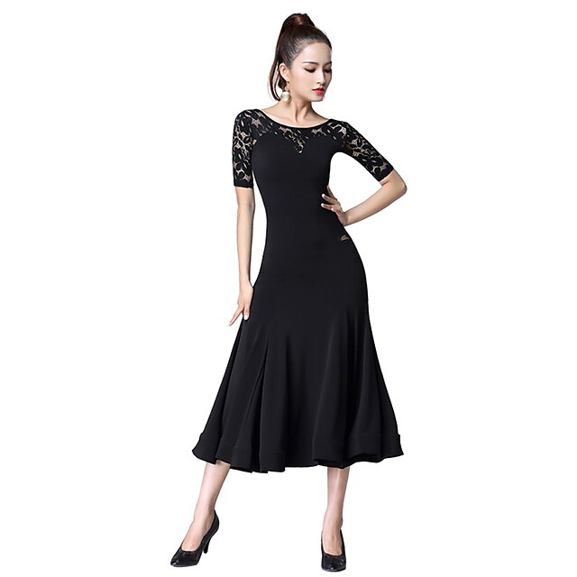  Ballroom Dance Dress Lace Split Joint Women's Training Performance Short Sleeve Spandex