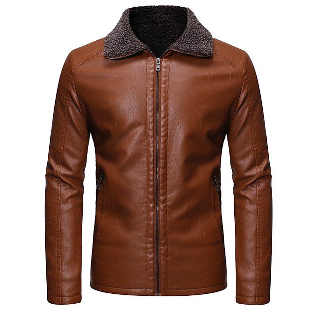  Men's Solid Colored Fur Trim Basic Spring &  Fall Faux Leather Jacket Regular Daily Long Sleeve PU Coat Tops Black