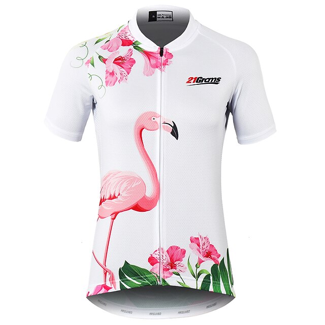  21Grams Dames Wielrenshirt Korte mouw Fietsen Shirt Kleding Bovenlichaam met 3 achterzakken Bergracen Wegwielrennen Ademend Sneldrogend Vochtregelerend Wit Flamingo Flora Botanisch Cactus Spandex