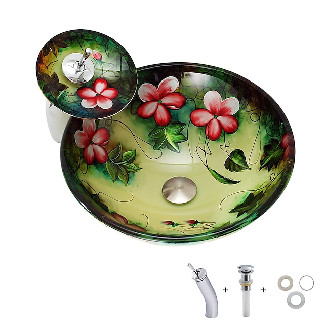  Tempered Glass Round Bathroom Faucet Sink, Flower Design