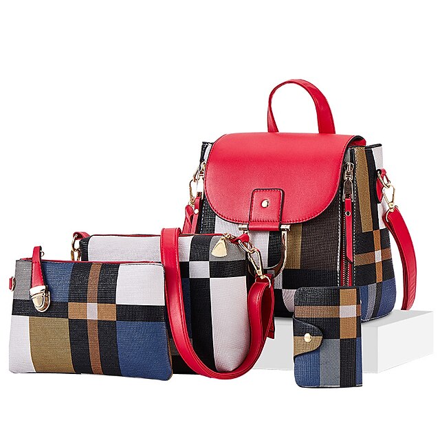  Women's Zipper PU Bag Set Lattice 4 Pieces Purse Set White / Black / Red / Fall & Winter