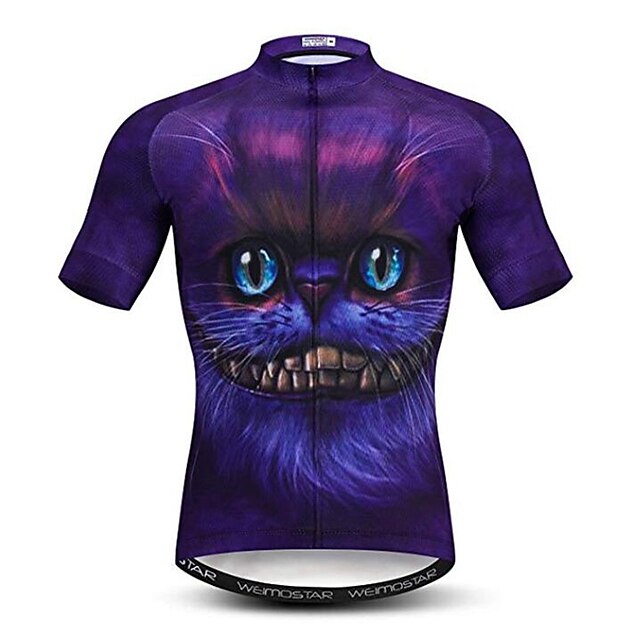  21Grams 3D Cheshire Cat Men's Short Sleeve Cycling Jersey - Violet Bike Jersey Top Breathable Quick Dry Reflective Strips Sports Elastane Polyester Mountain Bike MTB Road Bike Cycling Clothing Apparel