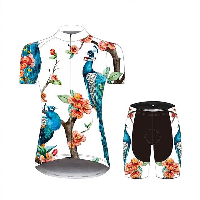 Sports & Outdoors Cycling | 21Grams® Floral Botanical Peacock Funny Womens Short Sleeve Cycling Jersey with Shorts - Black+White