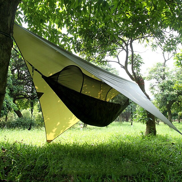  Camping Hammock with Pop Up Mosquito Net Hammock Rain Fly Camping Tarp for 2 person 290*140cm Outdoor Portable Windproof Sunscreen UV Resistant Anti-Mosquito Parachute with Carabiners and Tree Straps