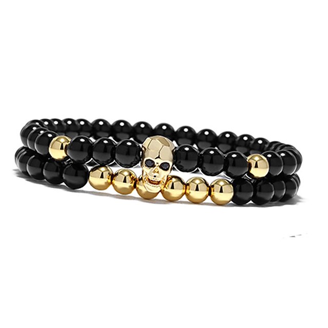  2pcs Women's Men's Gold Black Bead Bracelet Beads Skull Fashion Punk Trendy Casual / Sporty Rock Stone Bracelet Jewelry Gold / Black For Street Gift Daily Carnival Work / Imitation Diamond