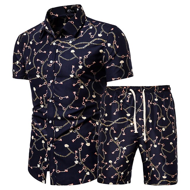  Men's Set Graphic Geometric Plus Size Classic Collar Athleisure Vacation Print Short Sleeve Tops Basic Boho Navy Blue / Beach