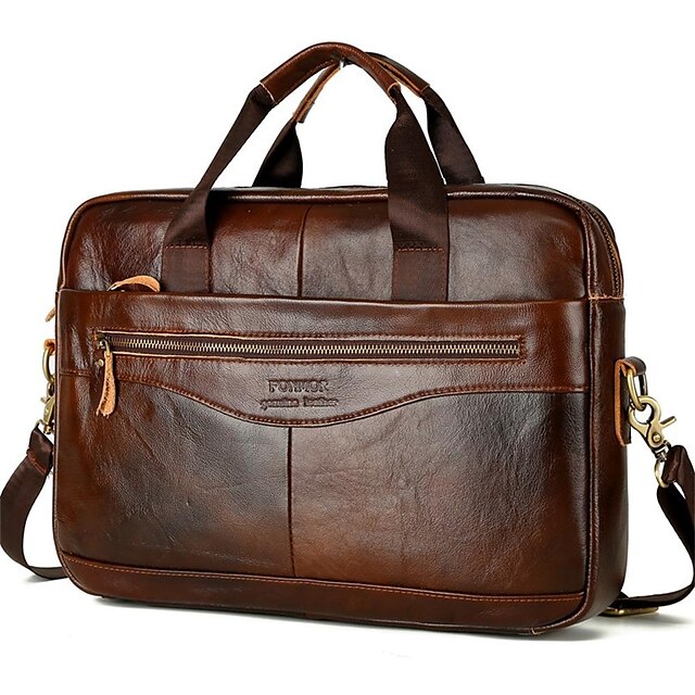  Men's Briefcase Top Handle Bag Nappa Leather Cowhide Formal Daily Office & Career Zipper Solid Color Dark Brown