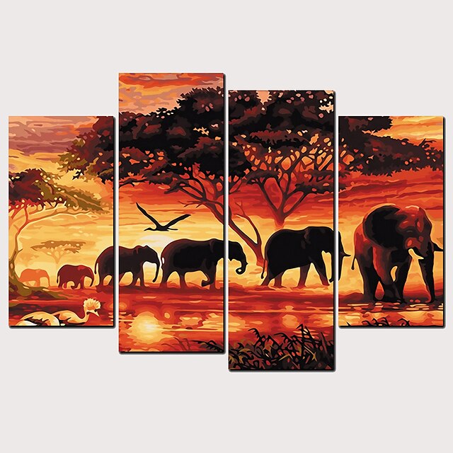  4 Panel Wall Art Canvas Prints Painting Artwork Picture Animal Elephant Home Decoration Décor Rolled Canvas No Frame Unframed Unstretched