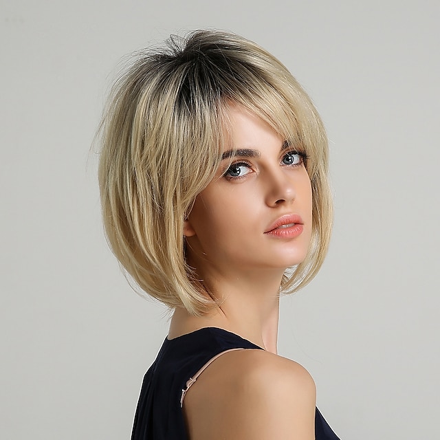  Women's  Synthetic Wig  Natural Straight Layered Haircut Short Hairstyles 2020 With Bangs Wig Ombre Short  Synthetic Hair 10 inch Brown Golden Blonde#16