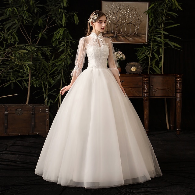  Wedding Dresses Ball Gown High Neck 3/4 Length Sleeve Floor Length Tulle Bridal Gowns With Appliques 2023 Summer Wedding Party, Women's Clothing