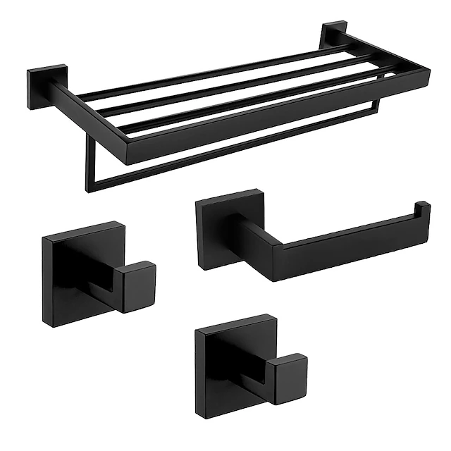 Bathroom Accessory Set Contemporary Stainless Steel Contain with Tower Rack Toilet Paper Holder and 2 Robe Hooks Bathroom Wall Mounted Matte Black 4pcs 8