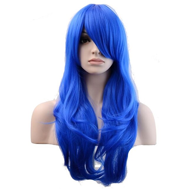  parrucca sintetica onda del corpo taglio di capelli a strati parrucca asimmetrica lungo lago blu capelli sintetici 24 pollici design alla moda delle donne donne blu