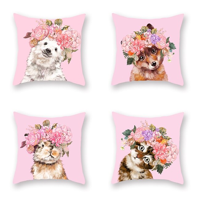  Set of 4 Linen Pillow Cover, Floral Animal Cartoon Fashion Throw Pillow