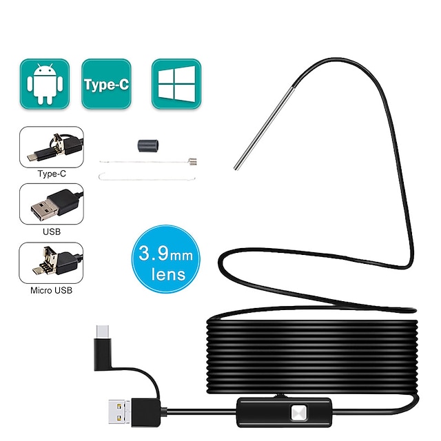  3.9MM 3 in 1 Android Endoscope Camera IP67  1/2/3.5/5/10M Soft Cable Snake Tube Borescope Inspection Waterproof Snake Camera with 6 Led Lights