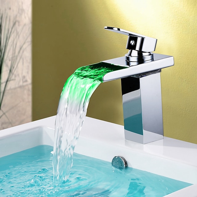  バスルームのシンクの蛇口 - LED / 滝状吐水タイプ クロム 洗面ボウル シングルハンドルつの穴Bath Taps / 真鍮