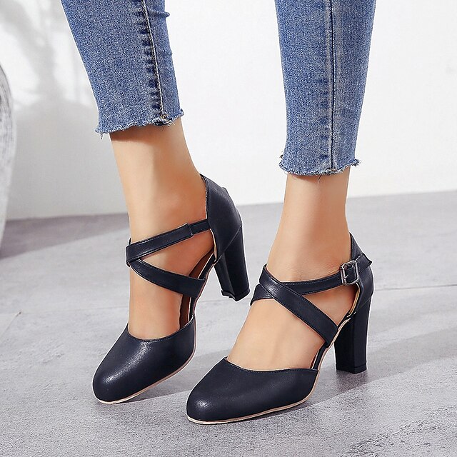  Women's Heels Chunky Heel Round Toe British Daily Office & Career Walking Shoes PU Buckle Solid Colored Black Blue Gray / 3-4