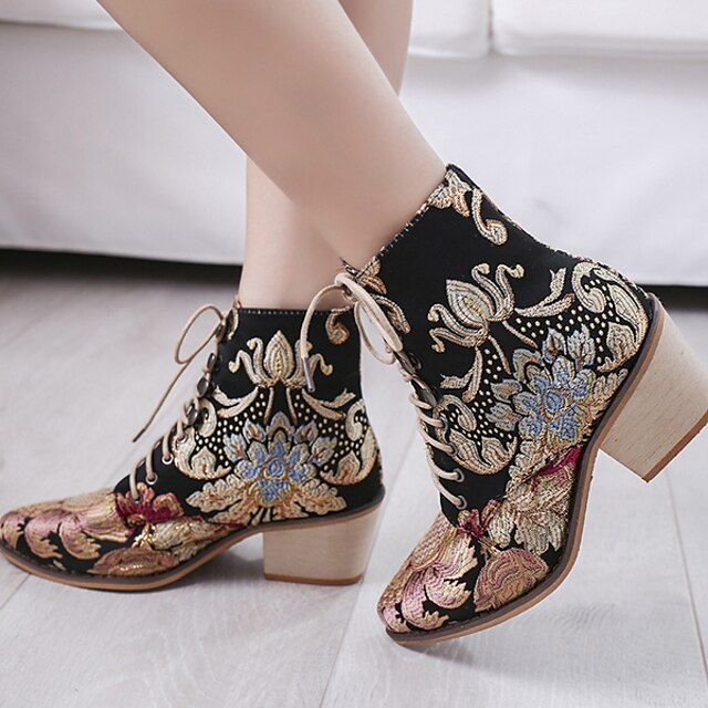  Women's Boots Print Shoes Chunky Heel Round Toe Canvas Booties / Ankle Boots Spring &  Fall Rainbow