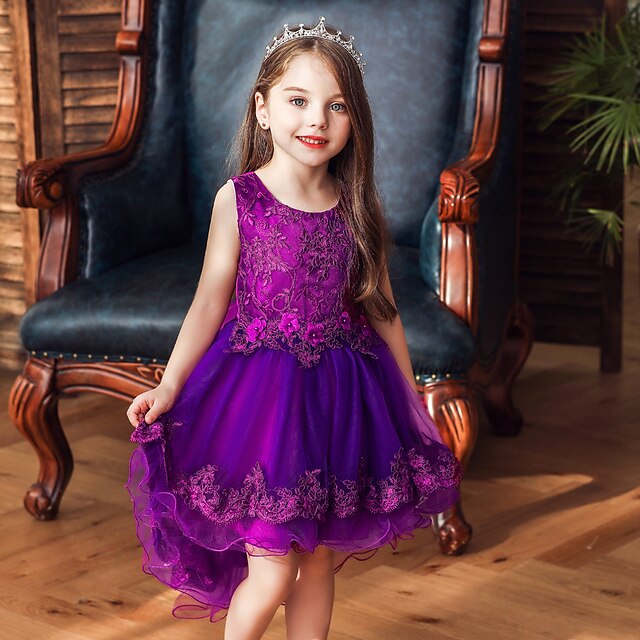  Kids Girls' Dress Solid Colored Asymmetrical Dress Sleeveless Sweet Dress Blue Purple Pink