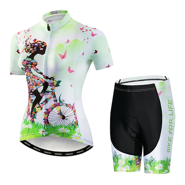 Women's Cycling Jersey with Shorts Short Sleeve Mountain Bike MTB Road Bike Cycling Yellow Pink Blue Floral Botanical Bike Clothing Suit Breathable Quick Dry Anatomic Design Reflective Strips Back 15