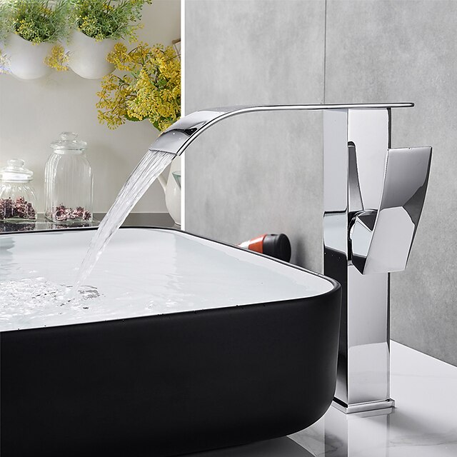  Waterfall Bathroom Sink Faucets,Brass Contemporary Style Single Handle One Hole Chrome Finish Bath Tap with Cold and Hot Switch