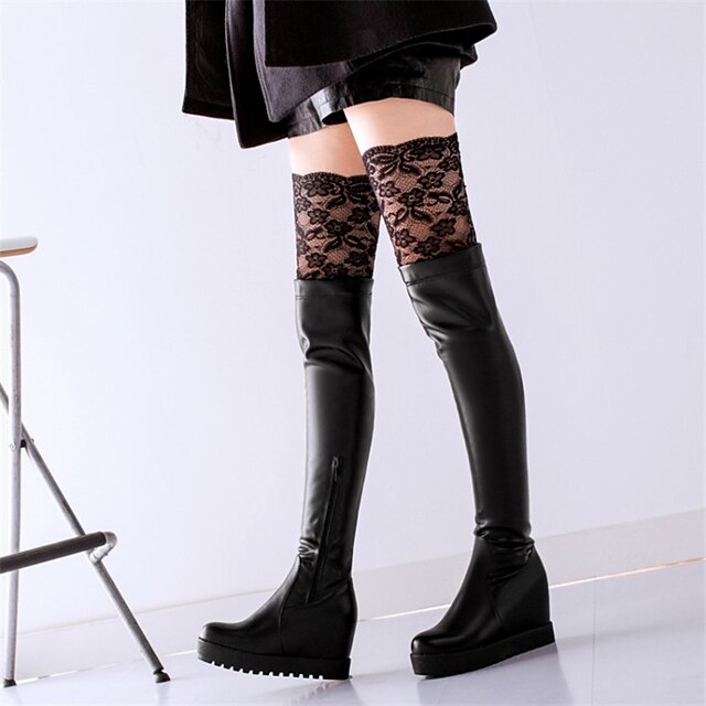  Women's Boots Over-The-Knee Boots Daily Solid Colored Stitching Lace Hidden Heel Round Toe PU Zipper Black White