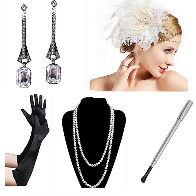  Vintage 1920s The Great Gatsby Gloves Flapper Headband Women's Feather Costume Necklace Earrings White / Green Vintage Cosplay Festival