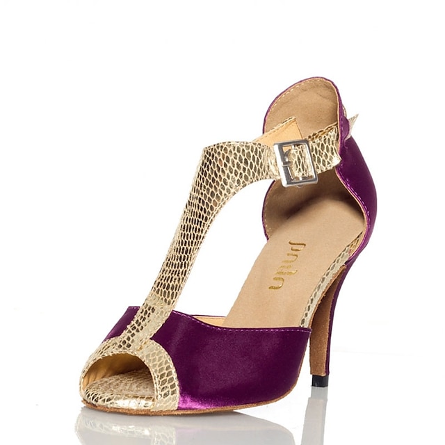  Women's Latin Shoes Performance Sparkling Shoes Heel Splicing Slim High Heel T-Strap Purple / Satin