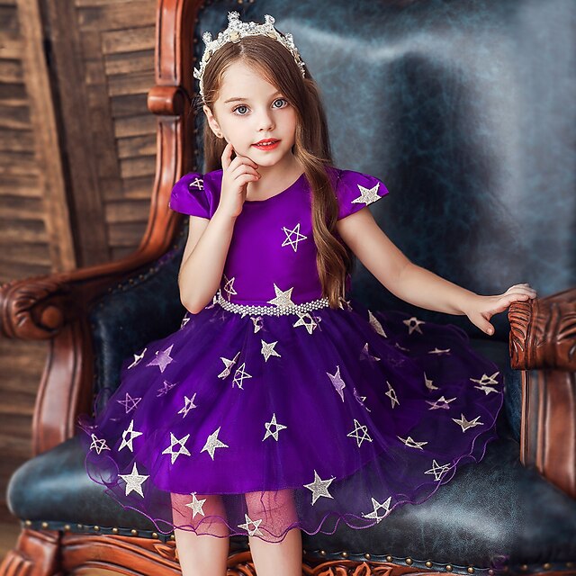  Kids Toddler Little Girls' Dress Galaxy Lace Patchwork Print Black Purple Red Knee-length Sleeveless Basic Sweet Dresses Regular Fit