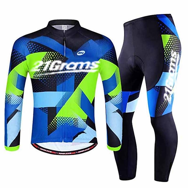  21Grams Men's Long Sleeve Cycling Jersey with Tights Winter Summer Spandex Blue Bike Clothing Suit UV Resistant Anatomic Design Quick Dry Moisture Wicking Breathable Sports Graphic Mountain Bike MTB