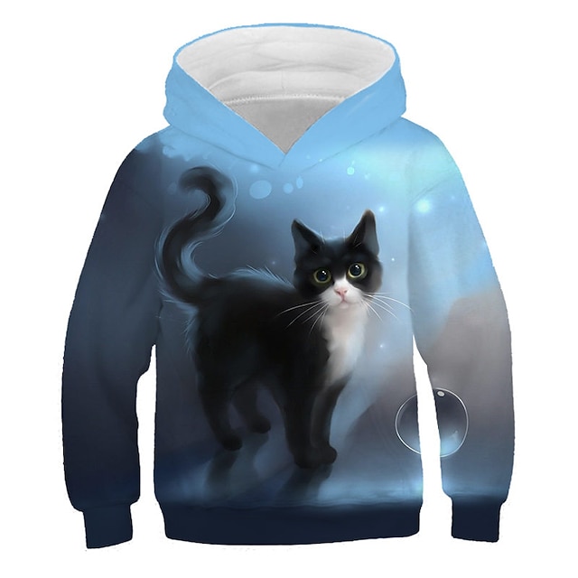  Kids Girls' Hoodie & Sweatshirt Long Sleeve Blue Cat 3D Print Print Cat 3D Animal Print Active Streetwear