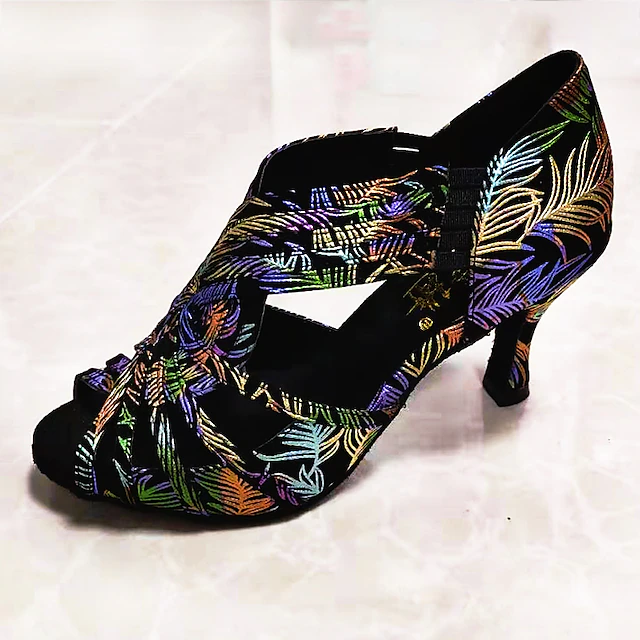 Women's Colorful Floral Embroidered Dance Shoes with Soft Suede Sole – Open-Toe Latin Heels for Ballroom and Salsa Performance 9
