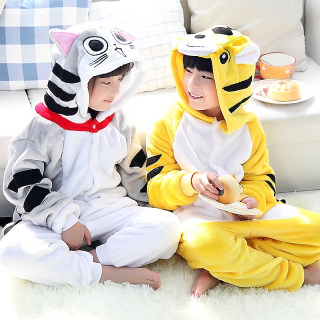 Toys & Hobbies Cosplay & Costumes | Kids Kigurumi Pajamas Cat Tiger Onesie Pajamas Flannelette Yellow / Gray Cosplay For Boys an