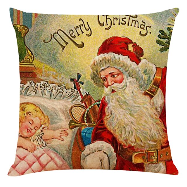 Home & Garden Home Decor | Set of 4 Retro Santa Square Decorative Throw Pillow Cases Faux Linen Sofa Cushion Covers 18x18 - LU70